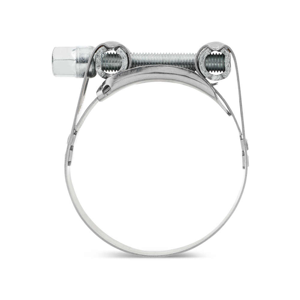 NORMA Gelenkbolzenschelle GBS M, 20mm breit: Robuste Rohrschelle für sichere Befestigung von Schläuchen und Rohren. NORMA Gelenkbolzenschelle GBS M, 20mm breit, eine silberne Metall-Rohrschelle mit Gelenkschraubverschluss auf weißem Hintergrund.