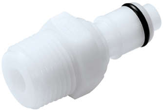 APCD24006BSPT Stecker 3/8 Zoll BSPT Außengewinde mit Absperrventil, weißer Kunststoffverbinder für sichere und schnelle Verbindungen. Nahaufnahme eines weißen APCD24006BSPT Steckers aus Kunststoff mit 3/8 Zoll BSPT Außengewinde und einem schlankeren Ende mit schwarzem O-Ring, der ein Absperrventil integriert.