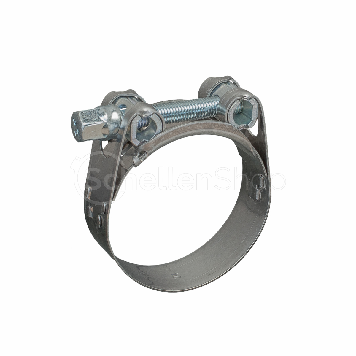 NORMA Gelenkbolzenschelle GBS M, Bandbreite 20 mm, DIN 3017. Stabile Schlauchschelle aus Metall für Hochdruck- und Industrieschlauchverbindungen. Eine silberne NORMA Gelenkbolzenschelle GBS M, Bandbreite 20 mm, DIN 3017, aus Metall, mit einem robusten Schraubbolzen-Mechanismus, vor weißem Hintergrund.