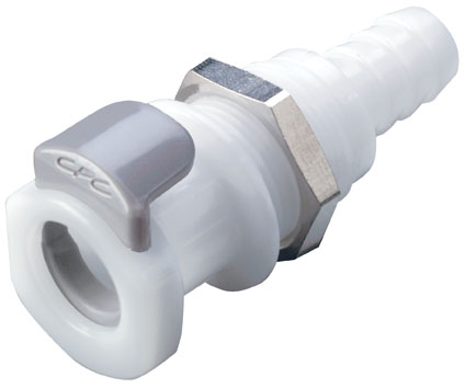 APC16006 - Robuste Schnellkupplung 9,5 mm Schlauchanschluss aus weißem Kunststoff mit CPC-Logo, ideal für sichere Schlauchverbindungen. APC16006 - Kupplung 9,5 mm Schlauchanschluss. Weiße Kunststoff-Schnellkupplung mit geriffeltem Schlauchanschluss, grauem CPC-Entriegelungsmechanismus und Sechskantmutter zur Befestigung.