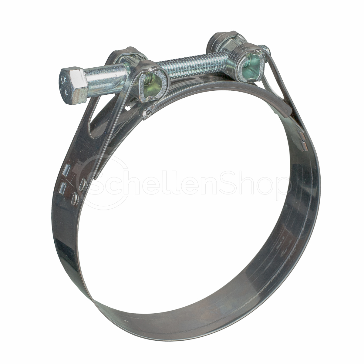NORMA Gelenkbolzenschelle GBS M, Bandbreite 30 mm, DIN 3017. Hochwertige, robuste Edelstahl-Schelle für sichere Schlauch- und Rohrverbindungen gemäß DIN 3017. NORMA Gelenkbolzenschelle GBS M, Bandbreite 30 mm, DIN 3017 aus glänzendem Metall, frontal auf weißem Hintergrund.