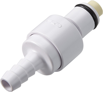 PLCD2200406 - CPC Stecker 6,4 mm Schlauchanschluss, mit Absperrventil, Buna-N Dichtung Weißer PLCD2200406 CPC Stecker mit 6,4 mm Schlauchanschluss, integriertem Absperrventil und schwarzer Buna-N Dichtung, aus leicht erhöhter Perspektive.