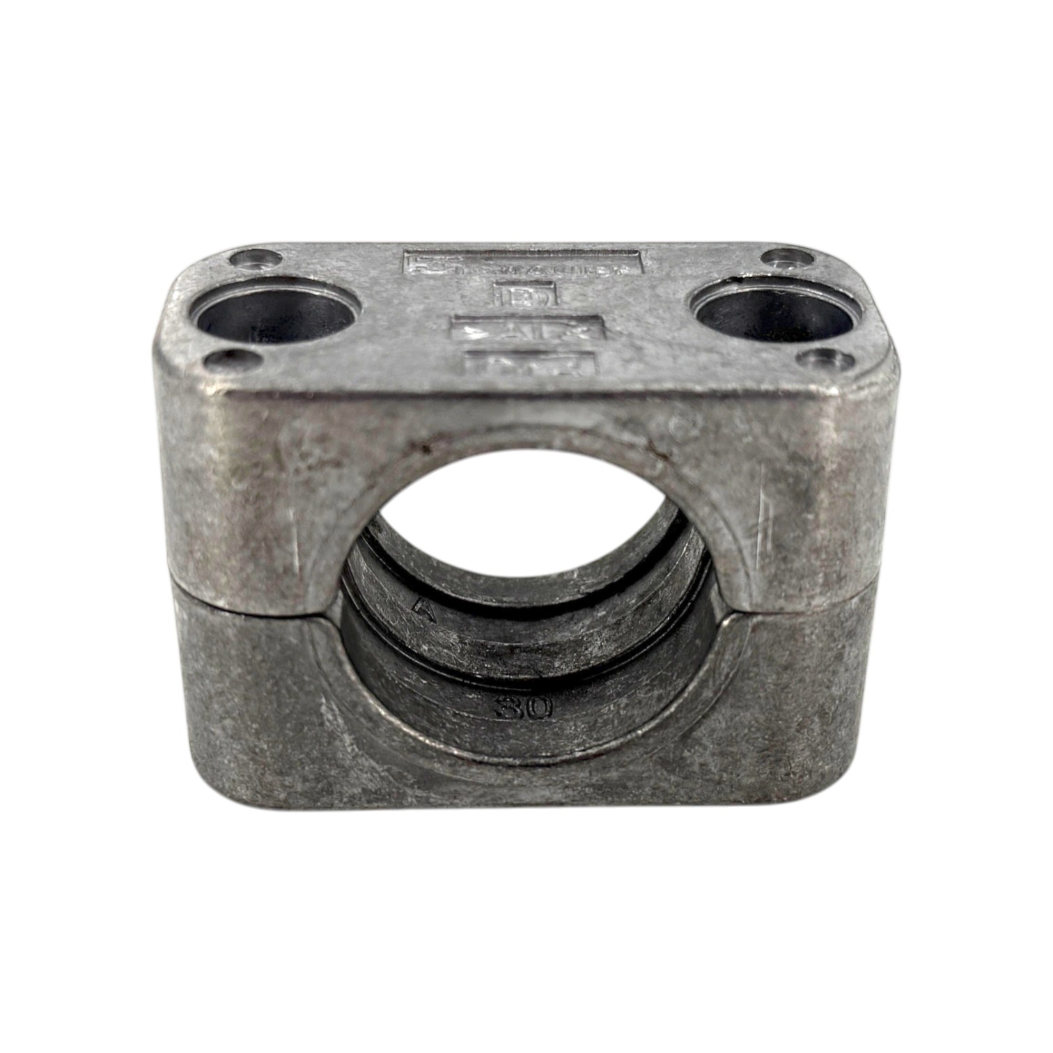 STAUFF Rohrschelle aus Aluminium, Standard Baureihe AL, in Grau, zweiteilig mit gerippter Innenfläche und zwei Schraublöchern oben zur Rohrfixierung.