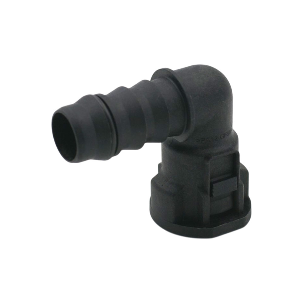 NORMAQUICK S Winkel-Schnellverschluss NW 5/8'', schwarz, mit Schlauchtülle für sichere Verbindungen in Kraftstoff- und Fluid-Systemen. NORMAQUICK S Schnellverschluss, schwarzer L-förmiger Winkelstecker NW 5/8'' mit Schlauchtülle für Fluidleitungen.