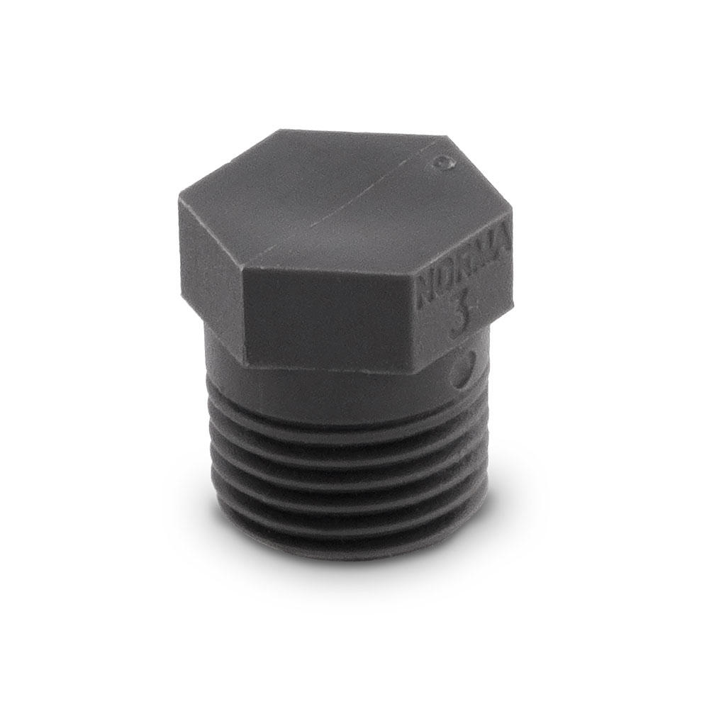 BST Blindstopfen: Anthrazitfarbener Kunststoffstopfen mit Sechskantkopf und Gewinde, Kennzeichnung 'NORMA 3'. Dunkelgrauer BST Blindstopfen aus Kunststoff mit Sechskantkopf und Außengewinde.