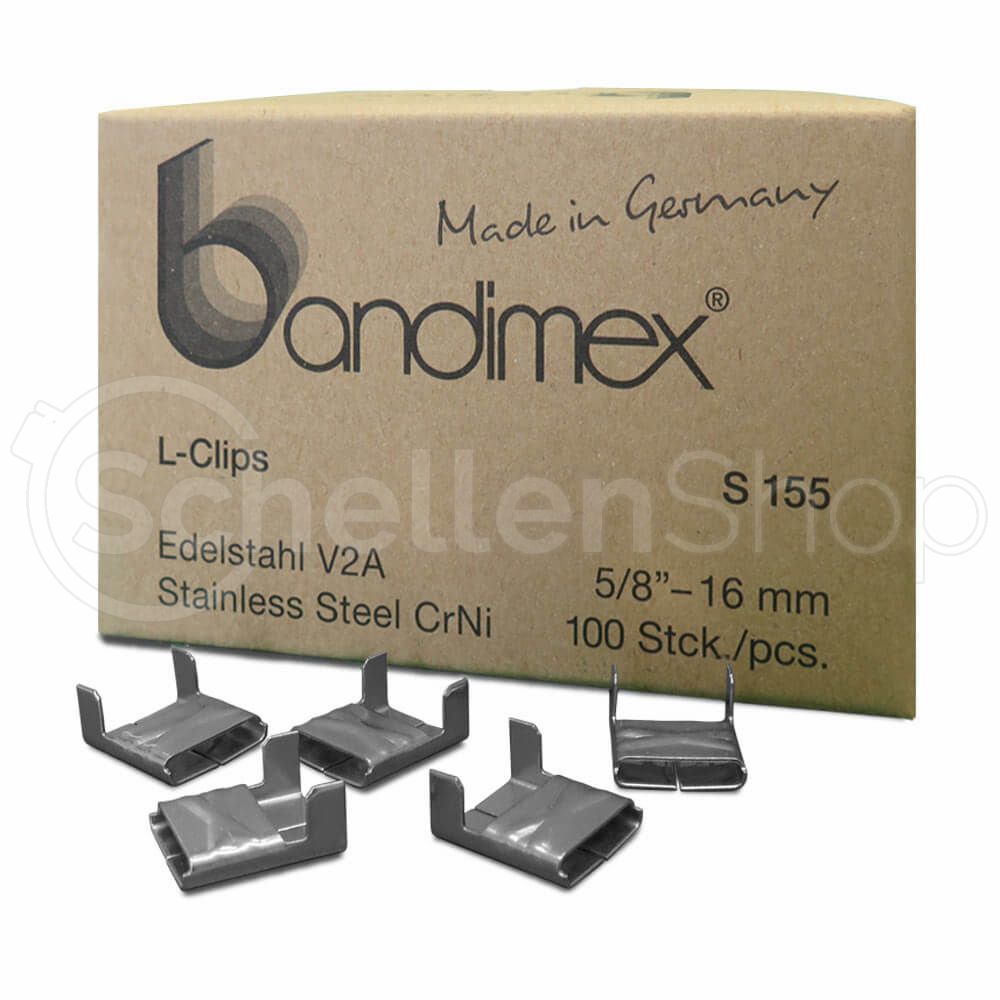 S155_Bandimex_L_Clips_V2A_16mm Bandimex L-Clips S155 für Bandbreite 16 mm (5⁄8″), V2A Edelstahl