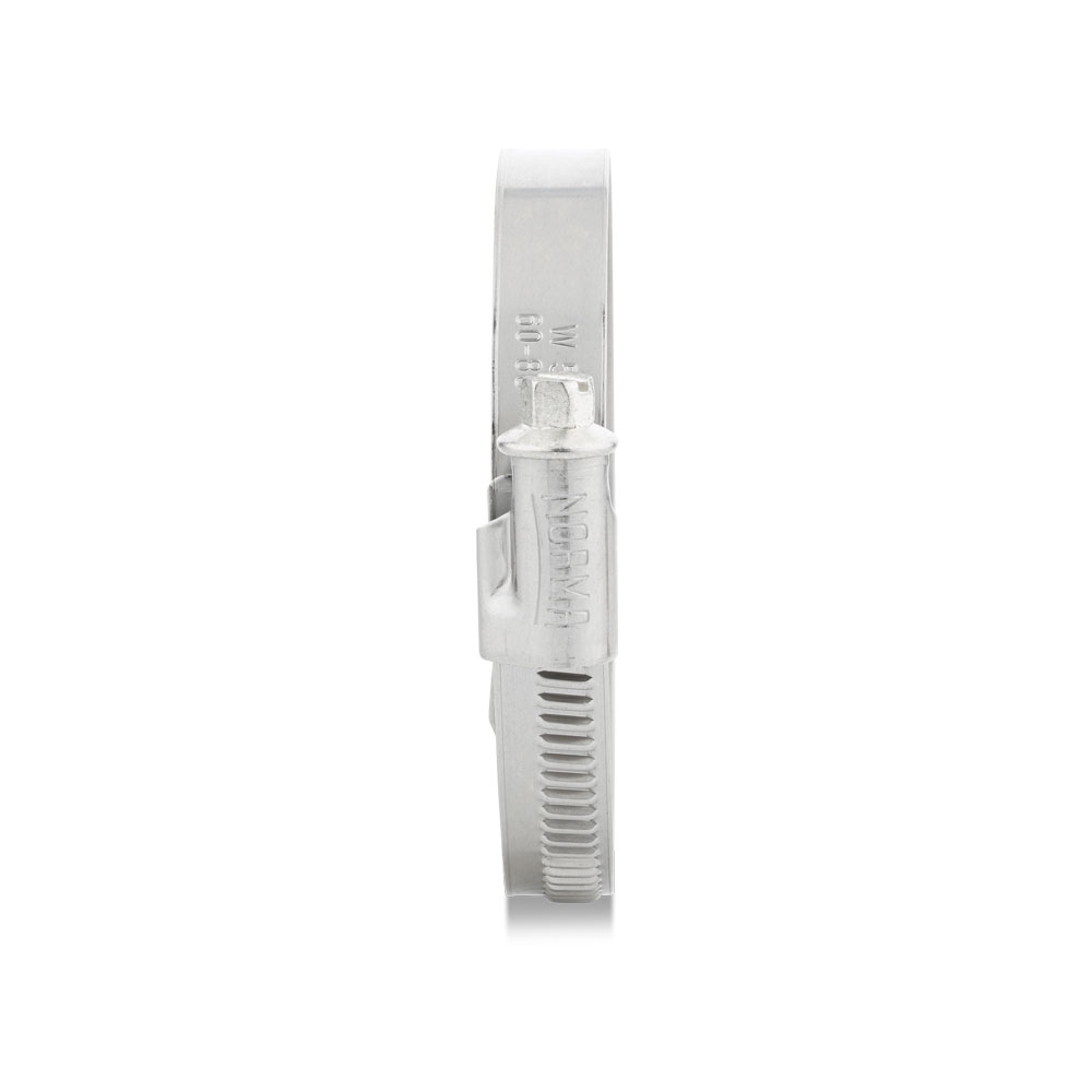 NORMA Schlauchschelle W3 60-80 Silberfarbene NORMA Schlauchschelle W3 60-80 aus Metall, auf weißem Hintergrund.