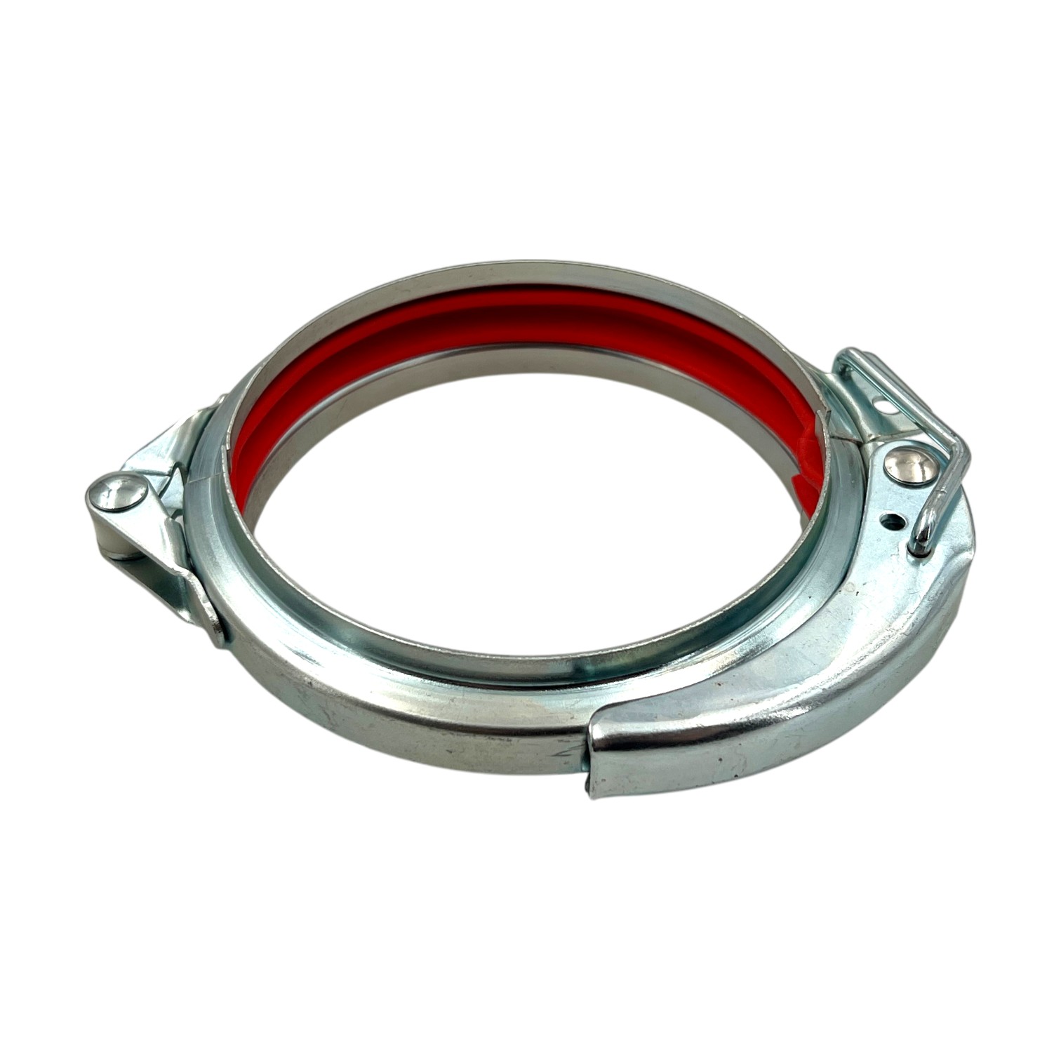 Schnellverschluss Spannring Typ "B", verzinkt, mit roter PVC-Dichtung auf weißem Hintergrund.