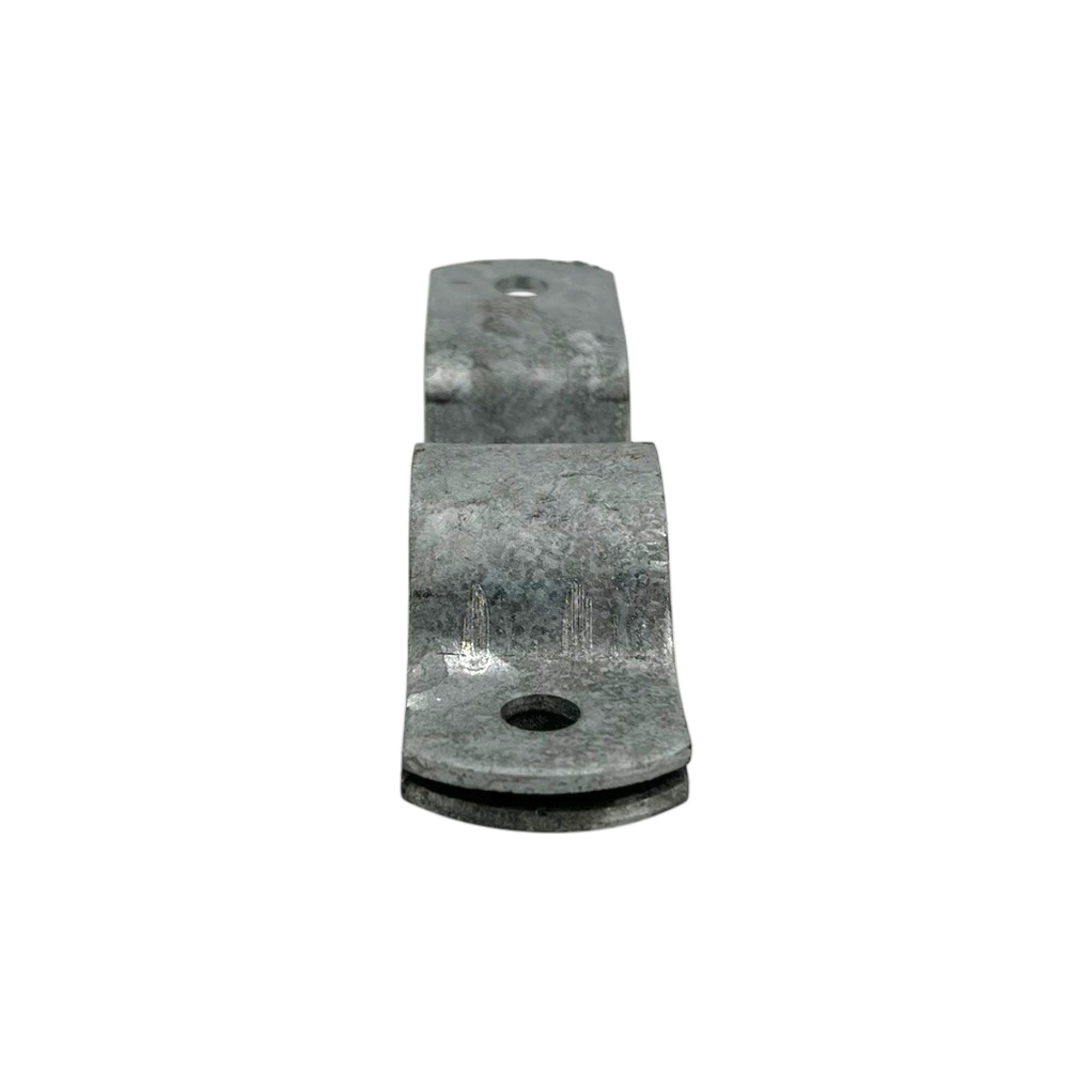 Holmschelle (Typ 050), feuerverzinkt. Eine robuste, graue Metallschelle mit zwei parallelen, gewölbten Bügeln und Befestigungslöchern an den Enden, vor weißem Hintergrund.