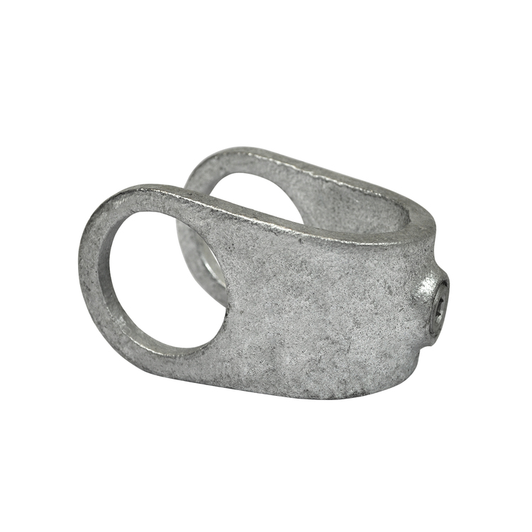 Rohrverbinder Kreuzstück offen (Form B) - Typ 33 aus robustem, silberfarbenem Metall, mit zwei offenen Ösen und einer Innensechskantschraube zur Befestigung, auf weißem Hintergrund.