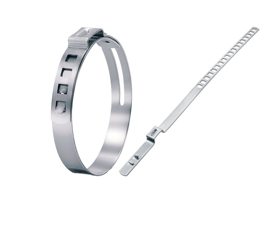Edelstahl-Lochbandschelle und Spannband-Set für robuste und korrosionsbeständige Befestigungslösungen. Zwei glänzende Befestigungselemente aus Edelstahl auf weißem Hintergrund: Eine offene Bandschelle mit integriertem Verschluss und ein langes, gezahntes Spannband mit Kopf.