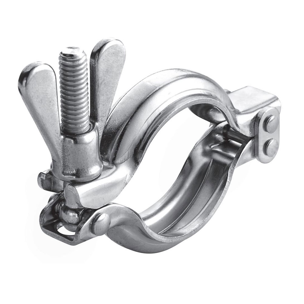 TEC-Klammer Typ SP mit Flügelmutter zur sicheren Rohrverbindung, aus glänzendem Edelstahl.