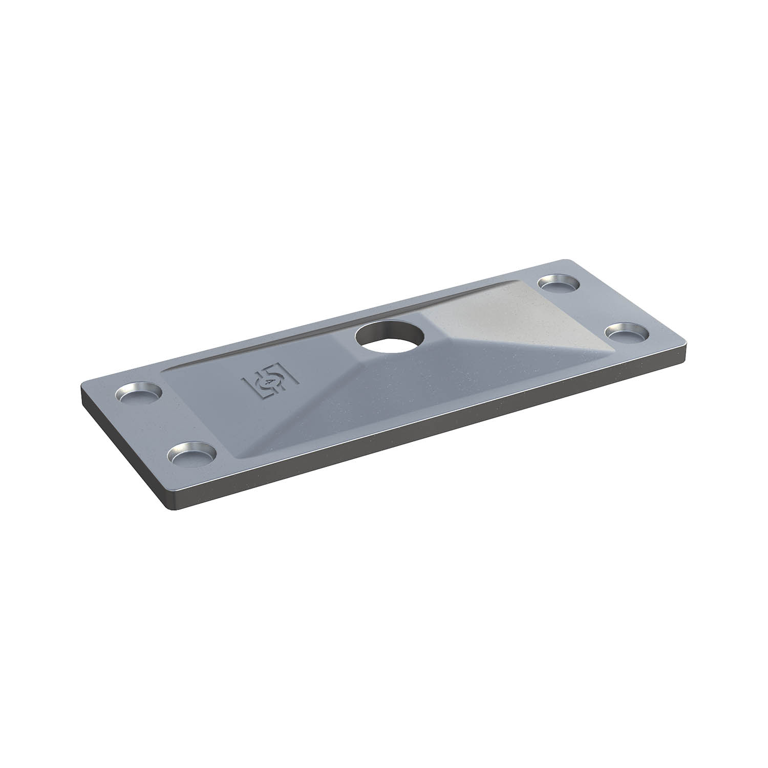 Silbergraue Deckplatte aus Metall mit zentralem Montageloch, vier Schraublöchern und Herstellerlogo. Rechteckige, silbergraue Metall-Deckplatte mit einem großen zentralen Loch, vier kleineren Befestigungslöchern an den Ecken und einem eingeprägten Logo.