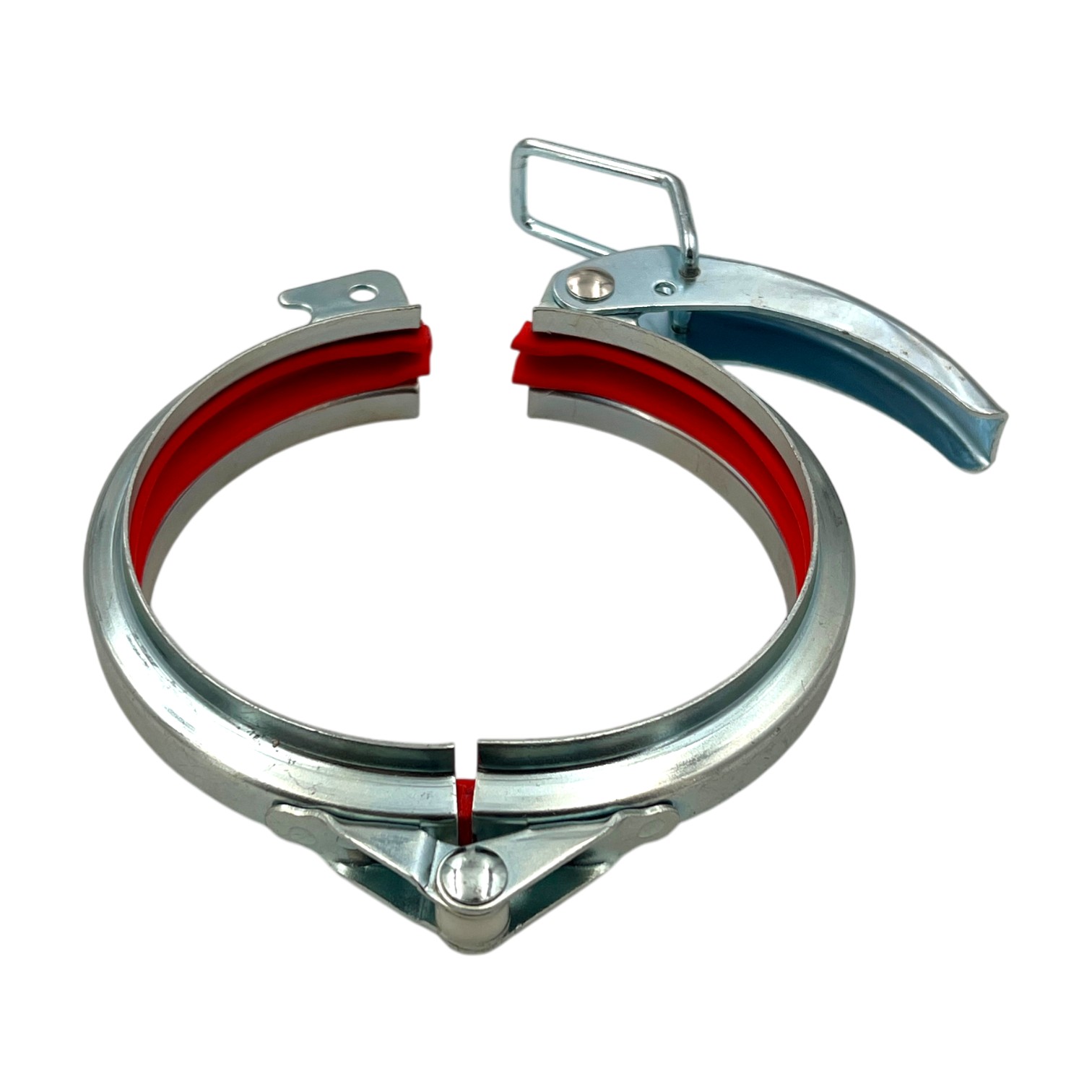Detailaufnahme eines geöffneten, verzinkten Schnellverschluss Spannrings Typ B mit einer deutlich sichtbaren roten PVC-Dichtung auf weißem Hintergrund.