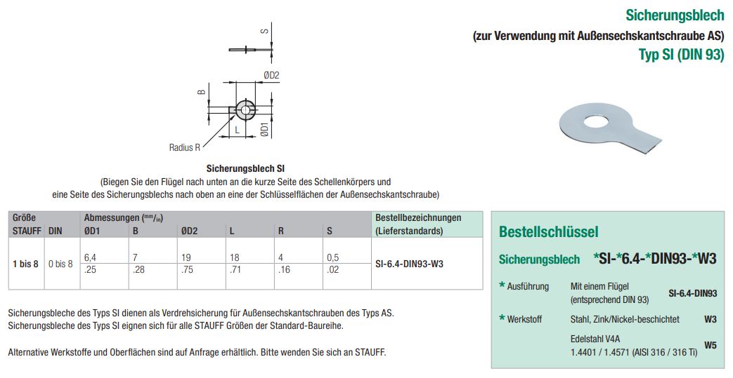 Ein glänzendes, metallisches Sicherungsblech Typ SI (DIN 93) mit einem zentralen runden Loch und einem seitlich abstehenden, flachen Flügel. Das Blech dient zur Verdrehsicherung von Außensechskantschrauben.
