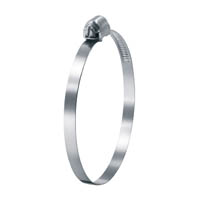 Robuste Edelstahl-Schlauchschelle Mini-R+S mit Justierschraube für Schläuche Silberfarbene Metallschlauchschelle Mini R+S mit Schraubverschluss, als Kreis geformt, vor weißem Hintergrund.