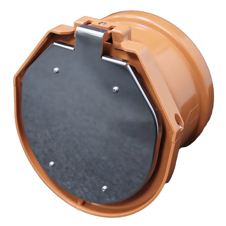 Rückstauklappe / Froschklappe für Spitzenden / Rohrenden. Braune Kunststoff-Rückstauklappe mit integrierter silberner Metallklappe zur effektiven Rückflusssicherung in Entwässerungssystemen.