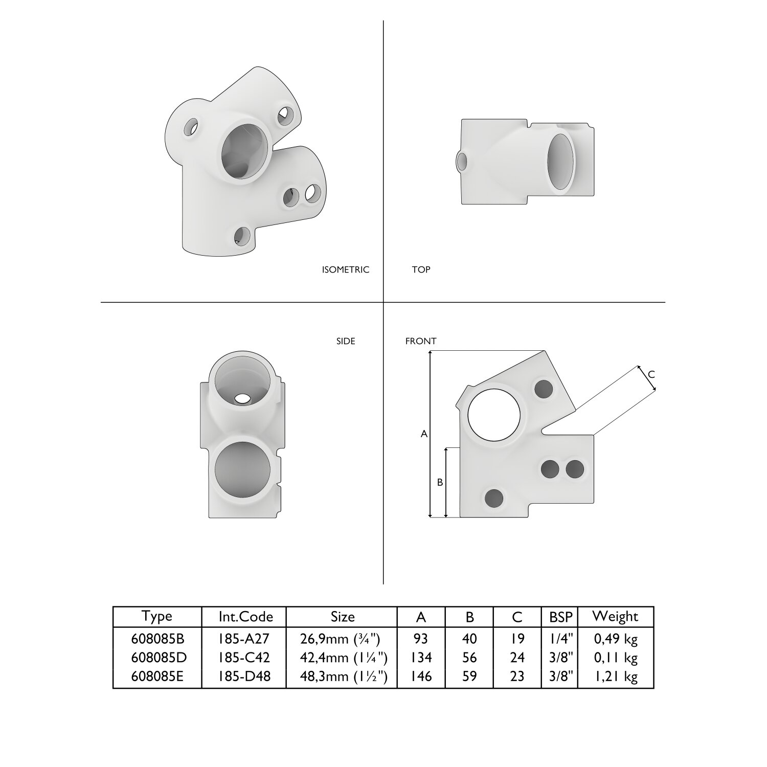 Technische Darstellung des Rohrverbinders Traufenbogen 27,5° für Dachkonstruktionen - Typ 85, mit isometrischer Ansicht, Draufsicht, Seitenansicht und Vorderansicht. Eine Tabelle zeigt verschiedene Größen und zugehörige Maße A, B, C, BSP-Gewinde und Gewic