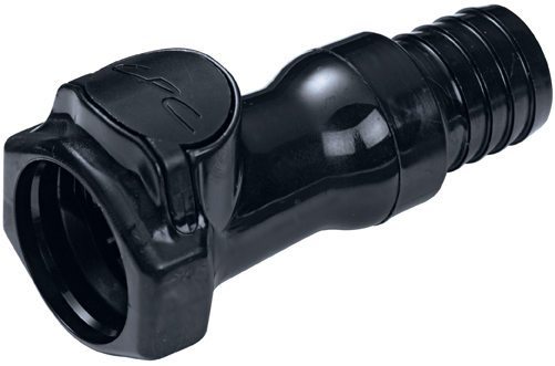 HFCD171257: Schwarze, UV-beständige CPC Winkelkupplung mit 19,0 mm Schlauchanschluss, integriertem Absperrventil und EPDM-Dichtung.