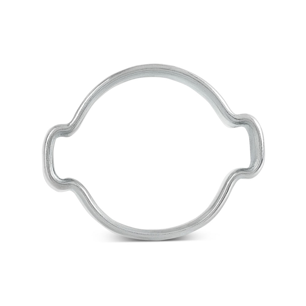 2-Ohrklemme, Ohrschelle: Robuste, silberne Metallschelle, ideal für sichere Schlauchverbindungen. 2-Ohrklemme, Ohrschelle aus silbernem Metall, oval geformt mit zwei seitlichen Klemmbacken auf weißem Hintergrund.