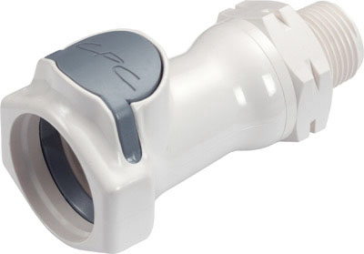 Weiße HFCD10635 Schnellverschlusskupplung mit grauem Entriegelungshebel. Die Kupplung hat ein 3/8" NPT Außengewinde und ist mit einem Absperrventil sowie einer EPDM-Dichtung ausgestattet.