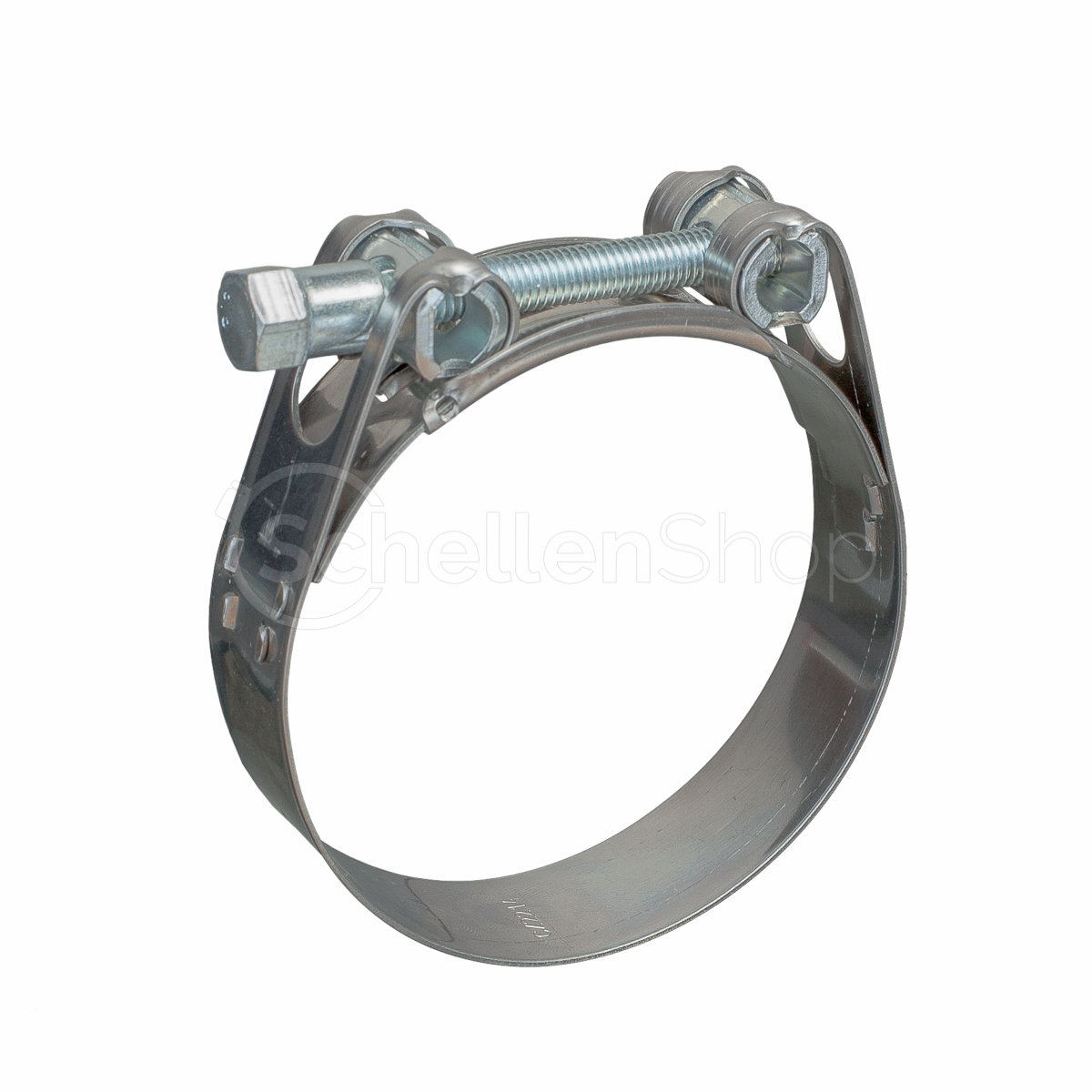 NORMA Gelenkbolzenschelle GBS M, Bandbreite 25 mm, DIN 3017 NORMA Gelenkbolzenschelle GBS M mit 25 mm Bandbreite nach DIN 3017, aus glänzendem Metall mit Schraubverschluss, frontal auf weißem Hintergrund.