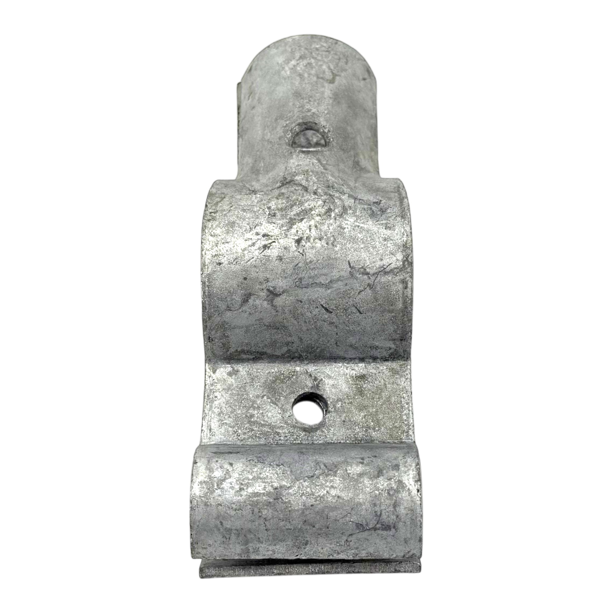 T-Schelle geteilt für Steuerstange (Typ 070), feuerverzinkt. Eine robuste, grau-silberne Metallklemme mit rauer Oberfläche, zwei zylindrischen Öffnungen und einer flachen Basis mit Bohrung.