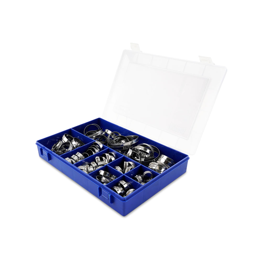 Edelstahl Schlauchschellen Set in blauem Organizer-Box, rostfrei und vielseitig einsetzbar. Blauer Sortimentskasten, gefüllt mit verschiedenen Größen von glänzenden Edelstahlschlauchschellen, geöffnet auf weißem Hintergrund.