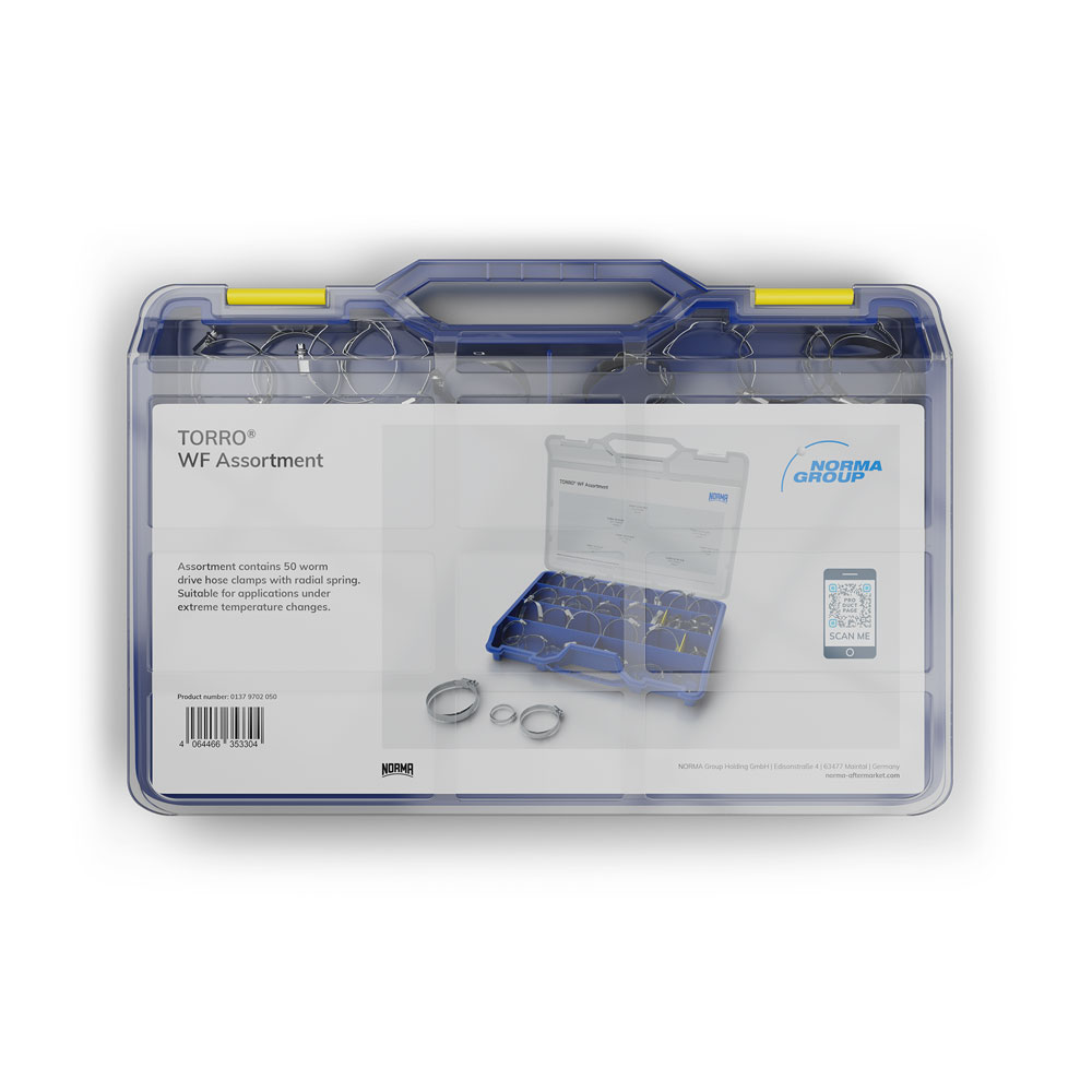 TORRO® WF Sortiment von NORMA GROUP: Hochwertige Schneckengewindeschellen mit Radialfeder für anspruchsvolle Anwendungen bei extremen Temperaturschwankungen. TORRO® WF Sortiment von NORMA GROUP: Transparente Kunststoffbox mit blauem Griff, gefüllt mit 50 Schneckengewindeschellen mit Radialfeder, geeignet für Anwendungen unter extremen Temperaturbedingungen.