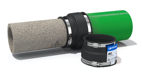 Rohrverbinder, Rohrkupplung, Rohre verbinden: Ein schwarzer, flexibler Systemverbinder mit Edelstahlklemmen verbindet ein graues Abwasserrohr mit einem grünen Kunststoffrohr. Daneben liegt ein identischer Verbinder mit blauem 'Fermit AC' Etikett zur Ansic