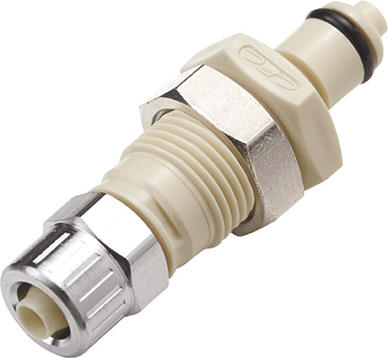 PMCD400412 - CPC Stecker 6,4 mm AD / 4,3 mm ID Klemmringverschraubung, mit Absperrventil. Detailansicht des robusten, beigefarbenen Schnellkupplungssteckers mit Metallgewinde. PMCD400412 CPC Stecker, beigefarbene Klemmringverschraubung für Schläuche (6,4 mm AD / 4,3 mm ID) mit Absperrventil.