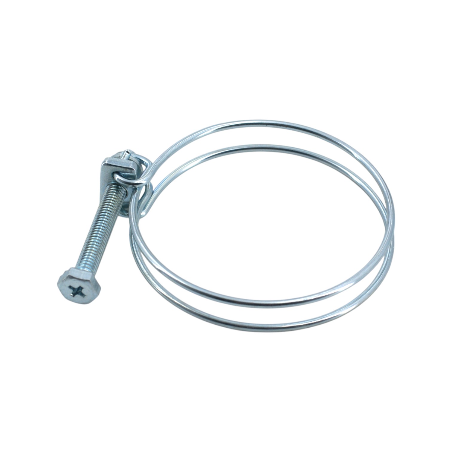 Doppel-Drahtbügel-Schlauchschelle für sichere Rohr- und Schlauchverbindungen. Metallene Doppel-Drahtbügel-Schlauchschelle mit Schraubverschluss auf weißem Hintergrund.