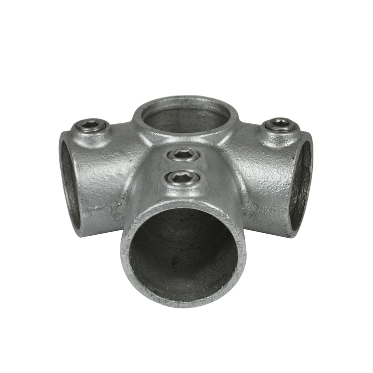 Rohrverbinder Traufentopstück 27,5° Typ 91 für Dachkonstruktionen, silberfarbenes Metall mit vier Rohranschlüssen und sichtbaren Inbusschrauben zur Befestigung