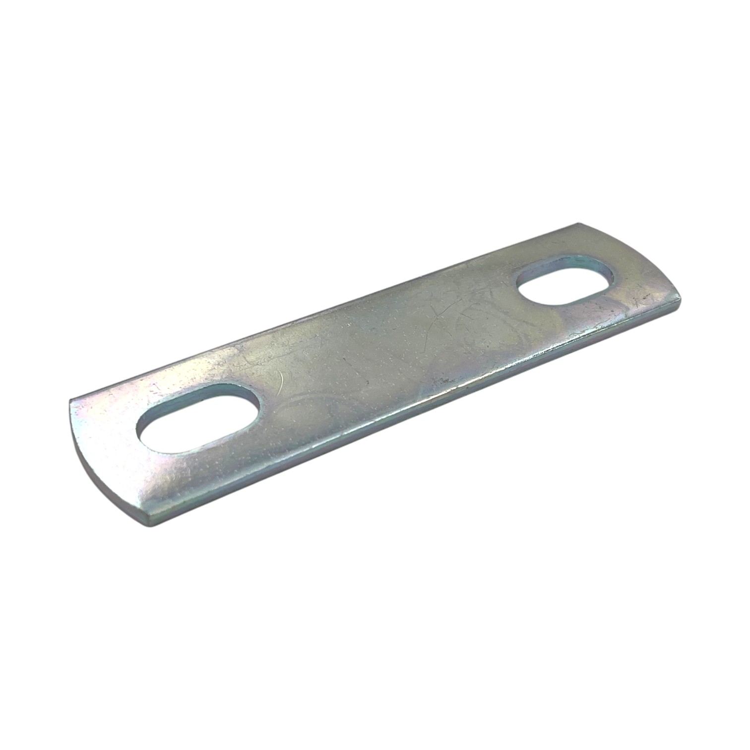 Gegenplatte für Rundstahlbügel DIN 3570 / Quadratrohrbügel / Rechteckbügel DIN 3575. Eine verzinkte, rechteckige Metallplatte mit zwei ovalen Langlöchern und abgerundeten Enden, ideal zur Befestigung von Bügeln.