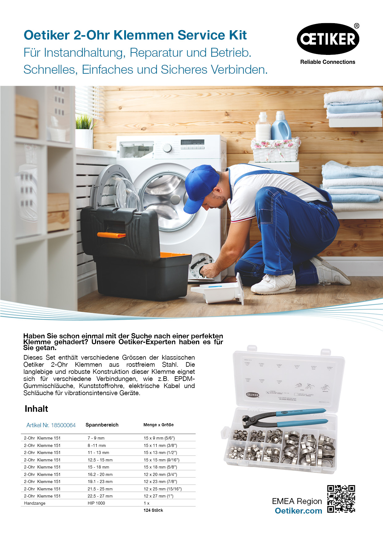 Oetiker 2-Ohr Klemmen Service Kit für schnelle, einfache und sichere Verbindungen an Schläuchen, Leitungen und Rohren, passend für den Einsatz mit einem Schlauchschneider. Oetiker 2-Ohr Klemmen Service Kit in transparenter Aufbewahrungsbox, enthält rostfreie 2-Ohr Klemmen in verschiedenen Größen und eine passende Handzange. Ideal für Reparatur- und Wartungsarbeiten an Schläuchen und Leitungen, auch in Kombination mit einem