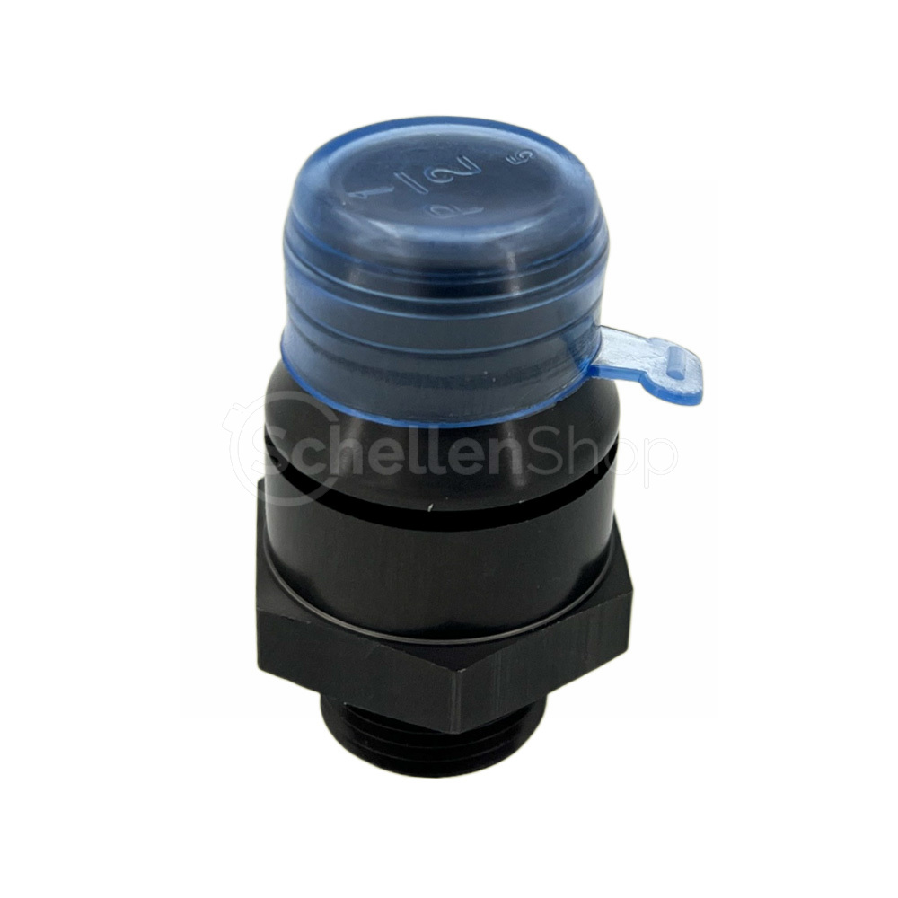 VDA Einschraub Stecknippel 40061293X NW 16 - M20x1.5 für NORMAQUICK PS3 – Hochwertiger schwarzer Einschraubnippel mit M20x1.5 Gewinde, geeignet für NORMAQUICK PS3 Systeme, inklusive abnehmbarer blauer Schutzkappe. VDA Einschraub Stecknippel 40061293X NW 16 - M20x1.5 für NORMAQUICK PS3, ein schwarzes Verbindungsstück mit Gewinde und blauer Schutzkappe.