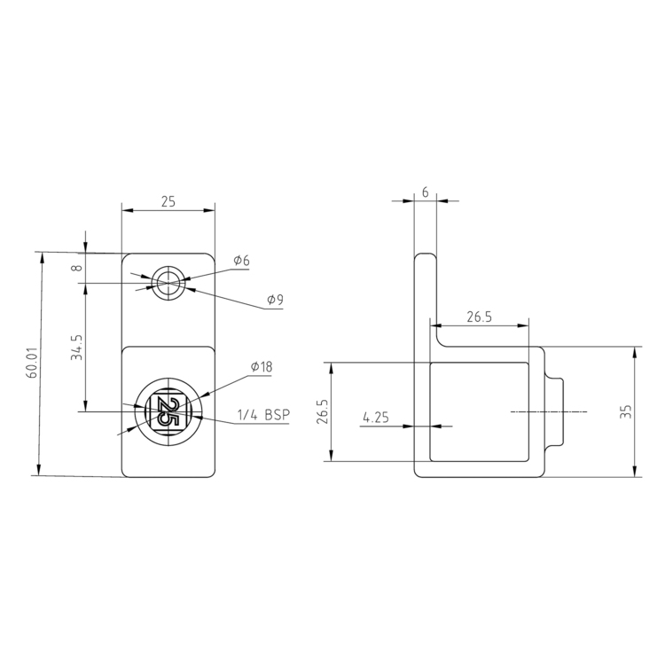 Technische Zeichnung der Wandbefestigung mit Einzellasche für 25mm Vierkantrohr, zeigt Vorder- und Seitenansicht mit allen Bemaßungen.