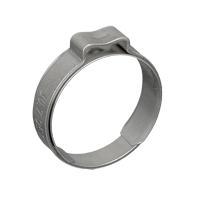 Metall-Ohrklemme für Schlauchverbindungen Eine silberfarbene Ohrklemme aus Metall, auch Schlauchklemme genannt, mit glänzender Oberfläche und eingeprägten Maßangaben an der Seite.