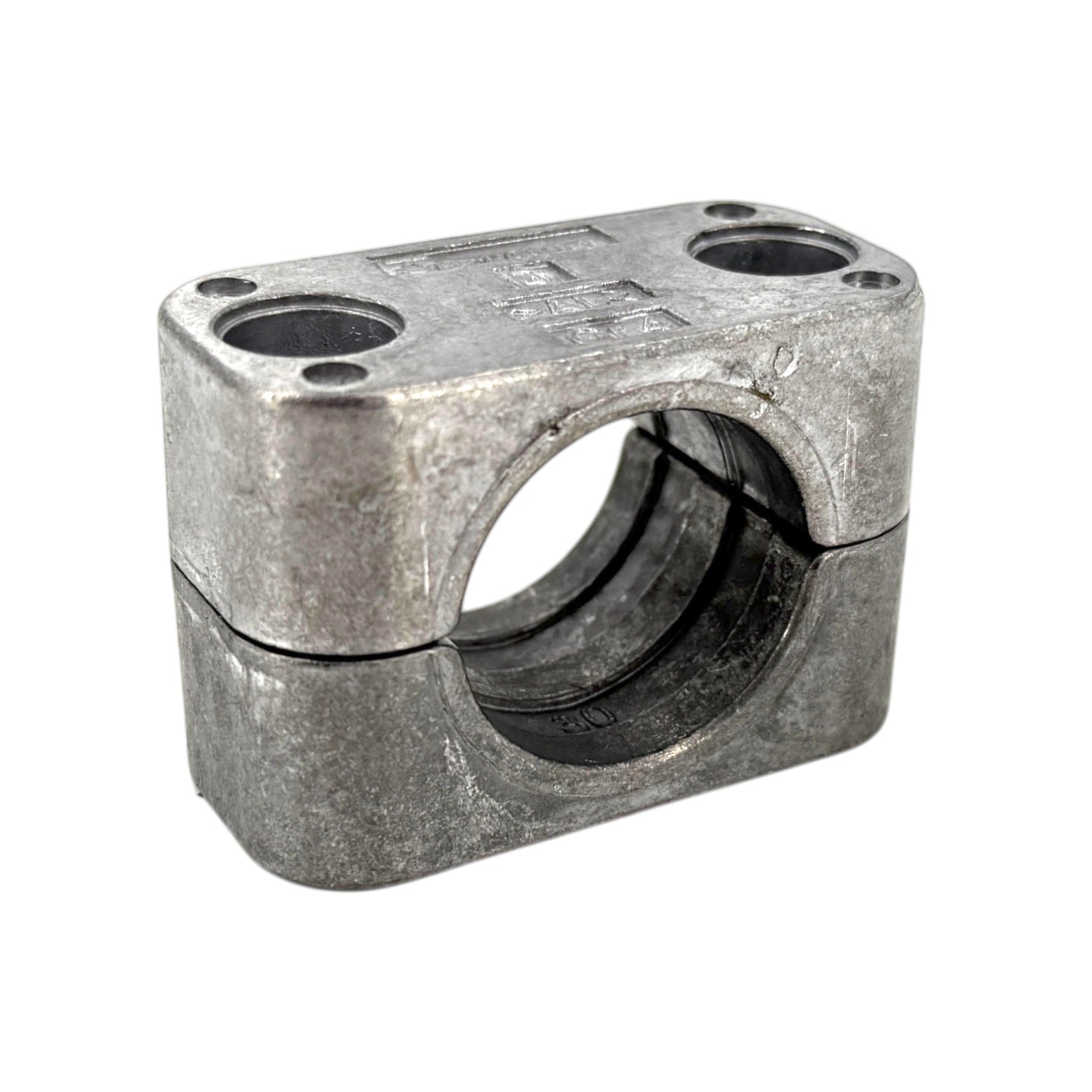 STAUFF Rohrschelle aus Aluminium, Standard Baureihe, mit gerippter Innenfläche. Die zweiteilige, graue Rohrschelle ist schräg von oben dargestellt und zeigt die vier Befestigungsbohrungen auf der Oberseite.