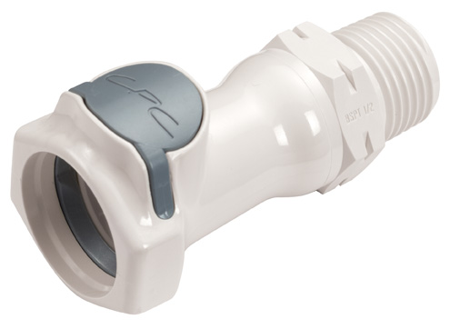 HFC10835BSPT Schnellverschlusskupplung in Weiß, mit grauer Entriegelungstaste, einem 1/2 Zoll BSPT Außengewinde und EPDM-Dichtung, ohne Absperrventil.