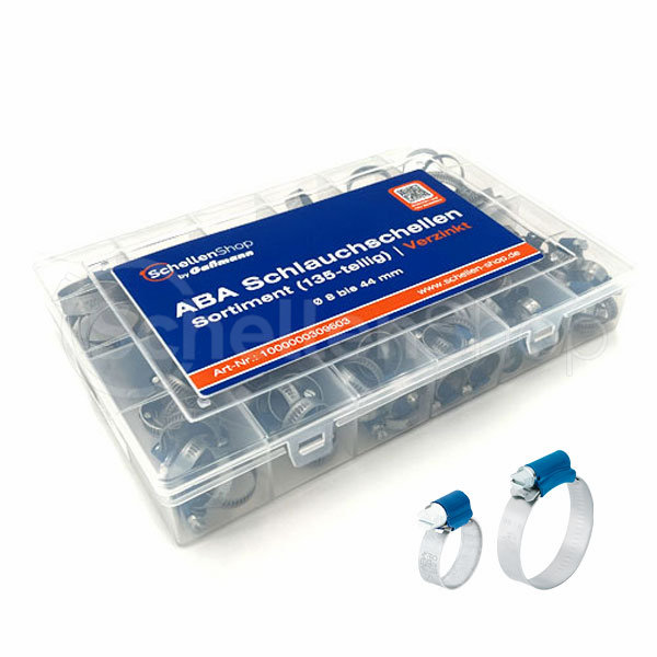 ABA Schlauchschellen Sortiment 135-teilig, verzinkt, Ø 8-44 mm, in transparenter Sortierbox, Artikel-Nr. 1000000309603 Sortiment von 135 verzinkten ABA Schlauchschellen in einer transparenten Kunststoffbox, Größen von 8 bis 44 mm. Unten rechts sind zwei einzelne Schellen zur Detailansicht abgebildet.