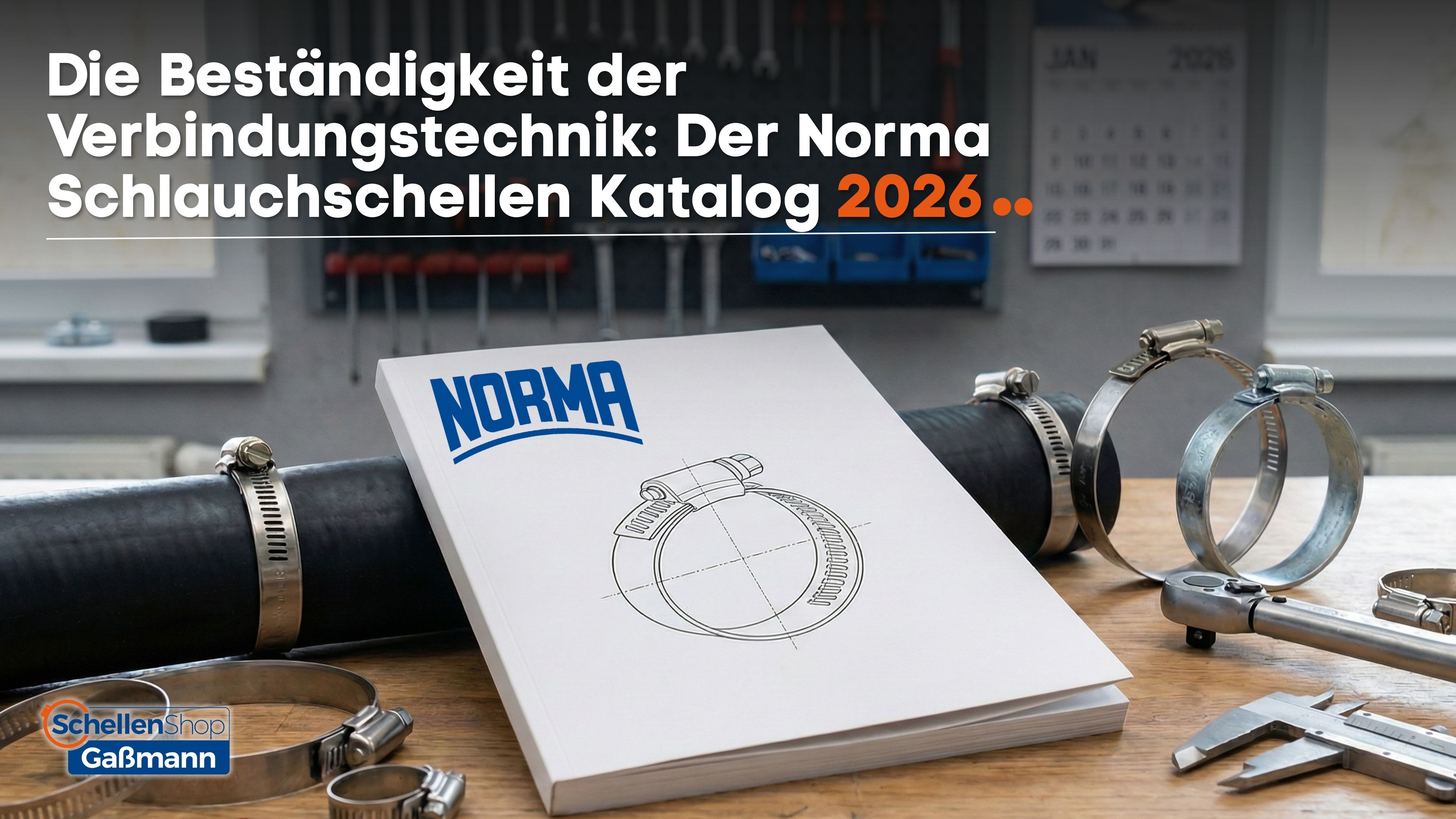 Ein aufgeschlagener Norma Schlauchschellen Katalog 2026 liegt auf einem Holztisch, umgeben von verschiedenen Metall-Schlauchschellen, darunter einige an einem schwarzen Schlauch, sowie einem Drehmomentschlüssel und einem Messschieber. Im Hintergrund ist e