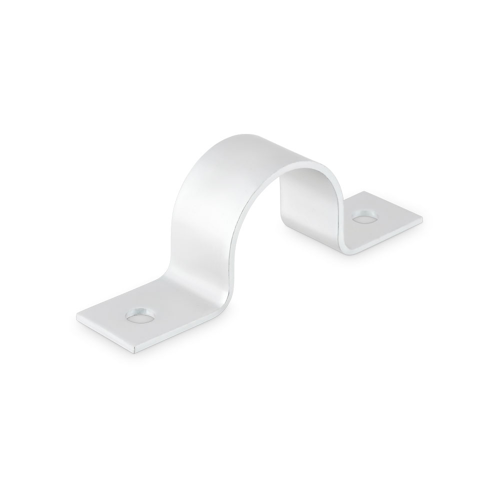 Leichte Rohrschelle DIN 1597 für Rohrfixierung, silber, mit Montageschraubenlöchern. Leichte Rohrschelle DIN 1597 aus silberfarbenem Metall, U-förmig mit zwei Befestigungslöchern.