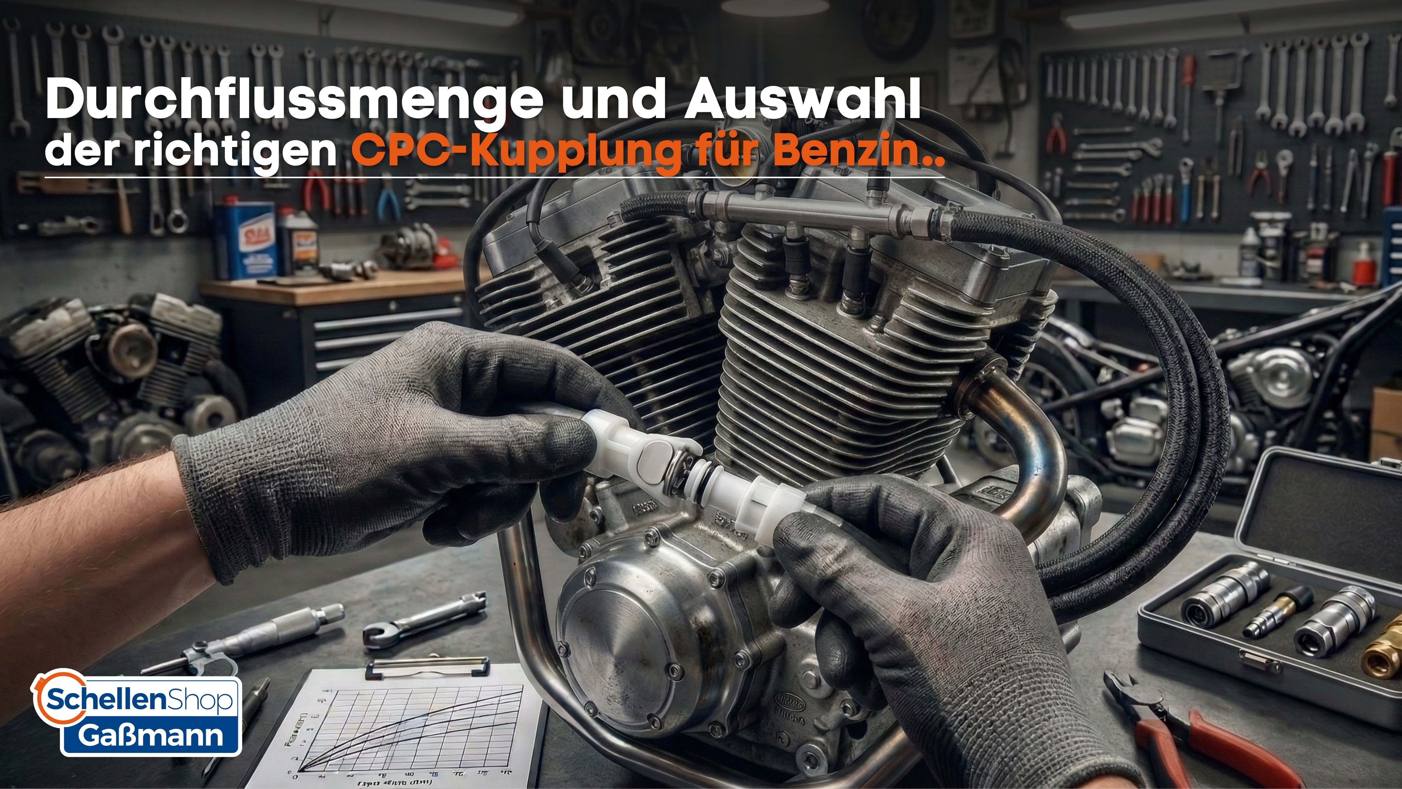 Hände in Arbeitshandschuhen, die eine weiße CPC-Kupplung an einem Motorradmotor in einer Werkstatt montieren, mit Werkzeugen und einem Diagramm im Hintergrund.