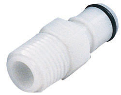 APC24004BSPT - CPC Stecker 1/4 Zoll BSPT Außengewinde für zuverlässige Fluidverbindungen. Produktbild des weißen CPC Steckers APC24004BSPT aus Kunststoff, mit 1/4 Zoll BSPT Außengewinde und Schnellkupplungsende.