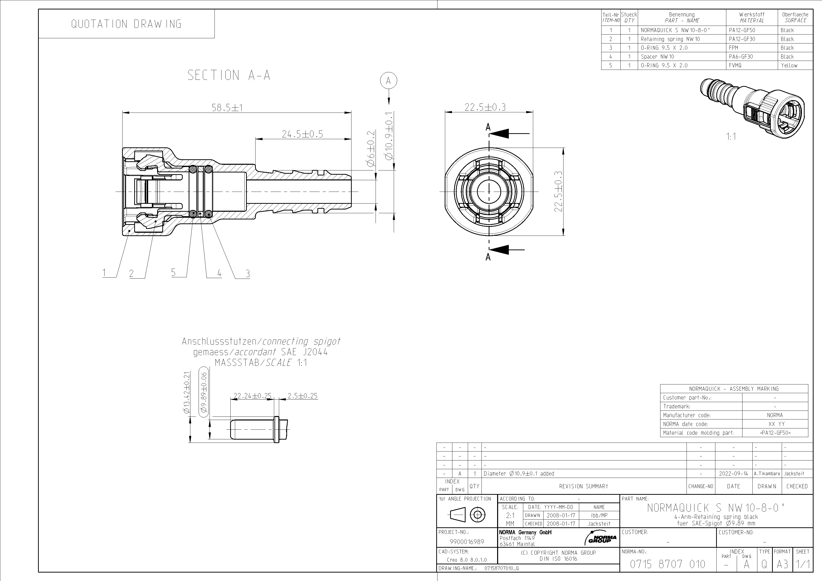 NORMAQUICK S NW 10-8-0: Technische Zeichnung für 4-Arm-Haltefeder (schwarz) und SAE-Spigot (Ø9.89 mm), inklusive Materialien und Abmessungen. Technische Zeichnung des NORMAQUICK S NW 10-8-0 Steckverbinders, mit Schnittansicht, Montageansicht des schwarzen Gehäuses mit gelbem O-Ring, Detailansicht des Anschlussstutzens und umfassenden Bemaßungen sowie Stückliste.