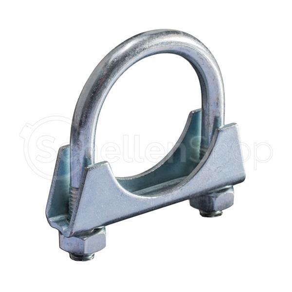 Auspuffschelle M10 mit Bügel / Bügelschelle für Auspuff. Robuste, verzinkte Metallschelle für Auspuffanlagen. Verzinkte Auspuffschelle M10 mit U-förmigem Bügel und Sattelplatte, ideal als Bügelschelle für Auspuffanlagen.