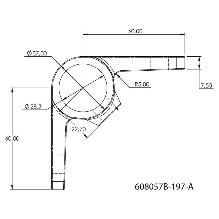 Technische Zeichnung des Rohrverbinders Ösenteil mit Doppellasche 90° - Typ 57. Die schematische Darstellung zeigt eine L-förmige Verbindungskomponente mit einem zentralen runden Element (Außendurchmesser 37 mm) und zwei flachen, rechtwinklig abstehenden
