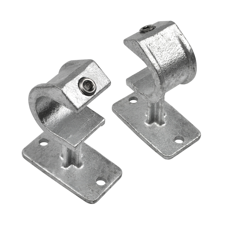 Zwei verzinkte Rohrverbinder Handlaufhalterungen offen mit Einlage, Typ 35, aus robustem Metall zur sicheren Montage von Handläufen an Wänden oder Pfosten.