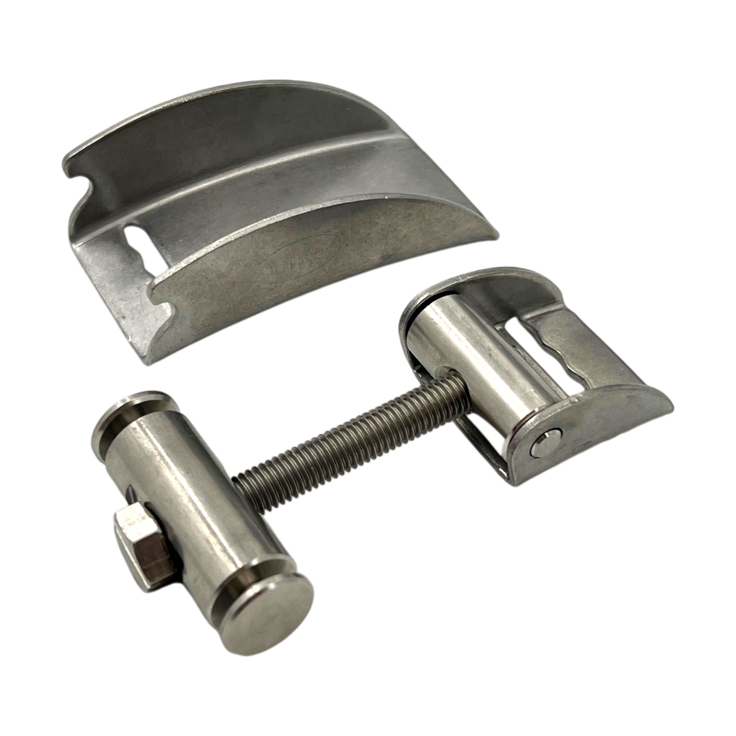 Oetiker Schraubschloss 540R/30+, bestehend aus einem Schraubspannmechanismus mit Gewindestange und einem separaten, 30 mm breiten Klemmband. Beide Komponenten sind aus Edelstahl V2A (1.4301) gefertigt und auf weißem Hintergrund dargestellt.